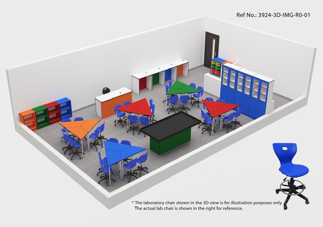 3D design visualisation of a planned school innovation lab, showing workstations, storage and layout