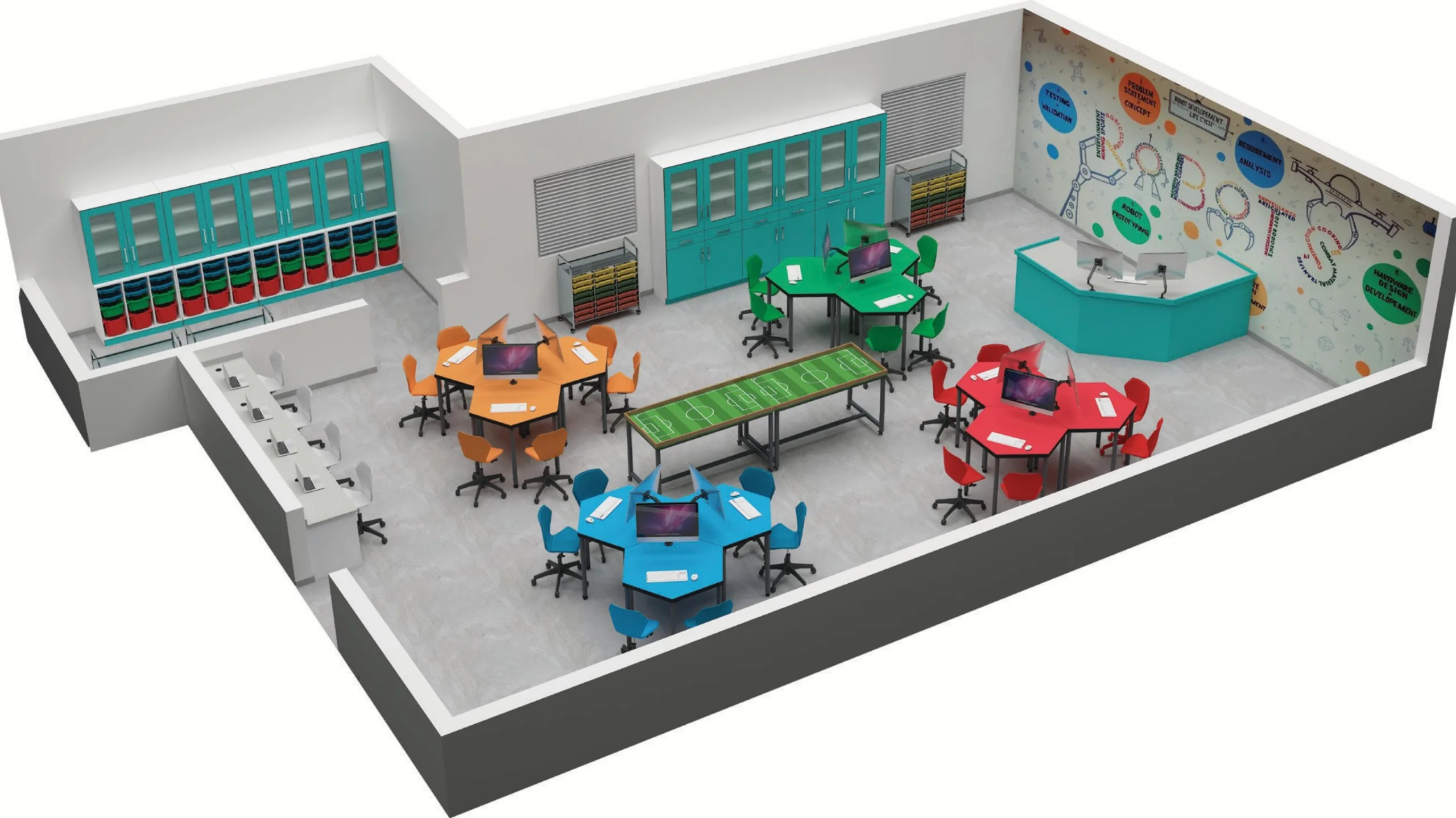 EduStream innovation lab design showing a transformed STEAM and robotics learning space