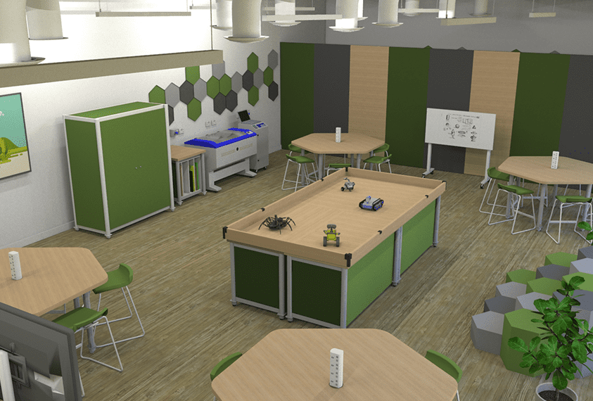 EduStream STEAM and robotics lab with student worktables