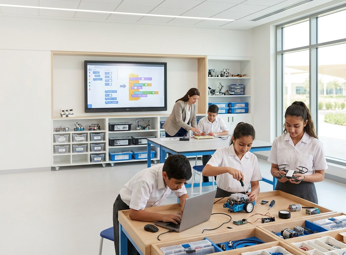 Students building and programming robots with their teacher in an EduStream AI and robotics lab at a UAE school